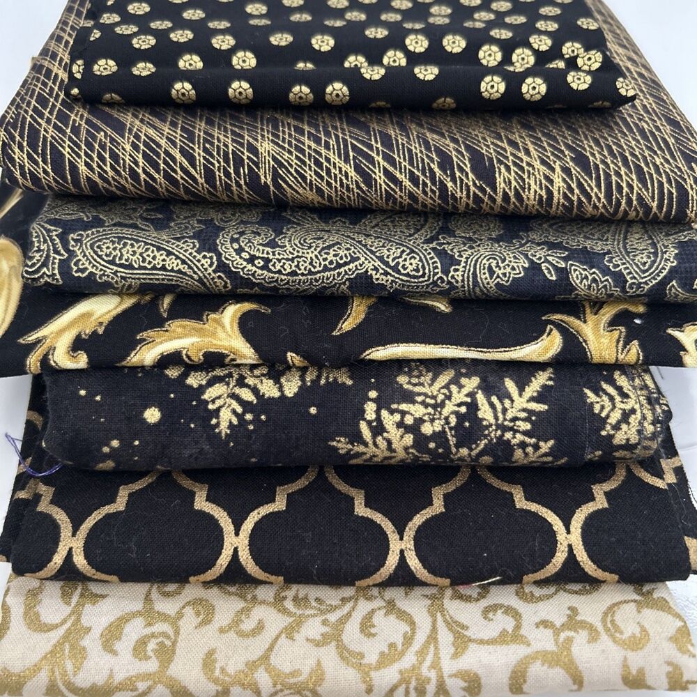 Cotton Quilting Fabric Bundle Coordinating Black & Gold Lot 7 Pieces